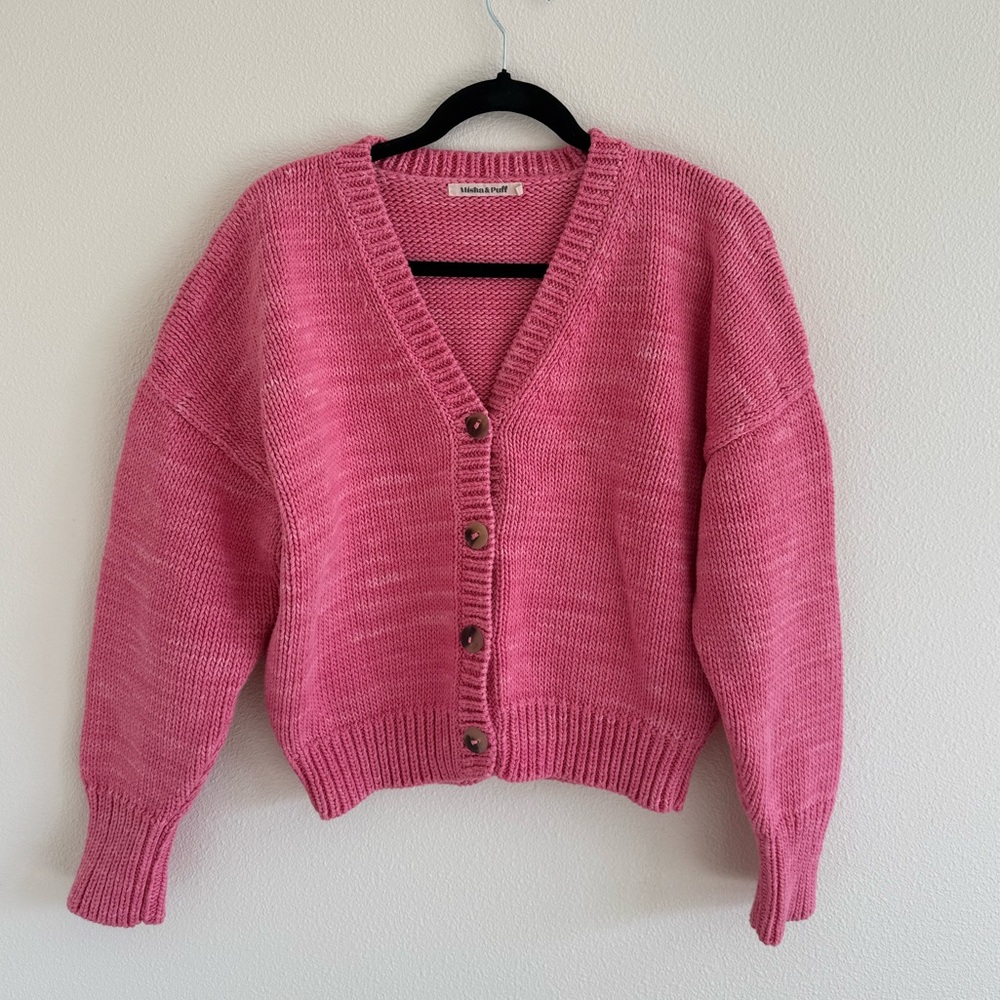 Misha & Puff womens size 1 pink v neck wedge cardigan sweater 100% pima cotton - Picture 1 of 6